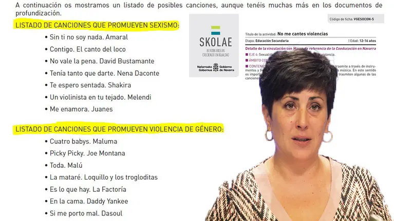 Mar&iacute;a Solana junto al listado de canciones de Skolae en el que se se&ntilde;alan canciones que promueven la violencia de g&eacute;nero.
