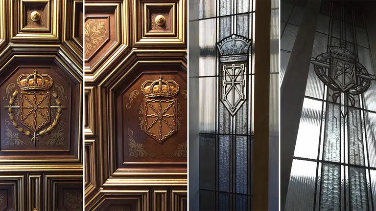 Varios de los símbolos franquistas antes y después de retirar la simbología en edificios públicos del Gobierno de Navarra. GOBIERNO DE NAVARRA