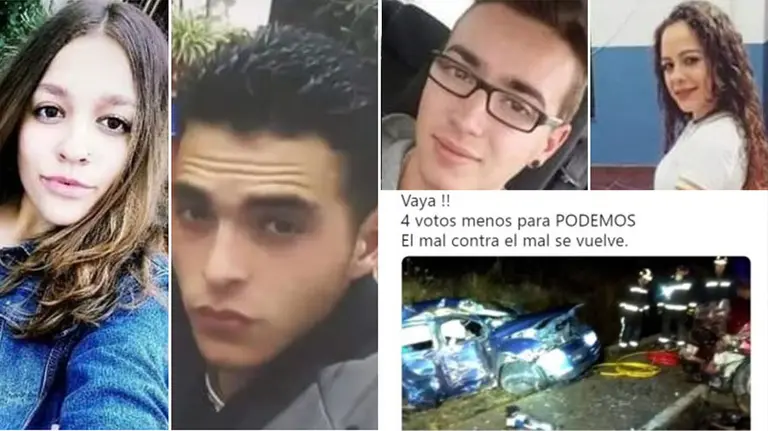 Imagen de Lucía, Sebastián, Lorenzo y María del Mar, que fallecieron trágicamente en un accidente de tráfico camino de Jódar, junto con el tuit en el que una internauta se mofaba del suceso TWITTER