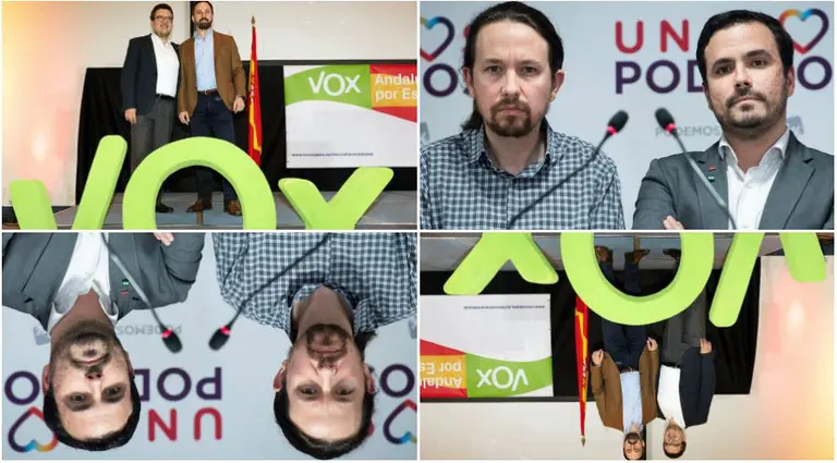 Una imagen de Santiago Abascal y el candidato de VOX en Andalucía junto a a Pablo Iglesias y Alberto Garzón, de Unidos Podemos
