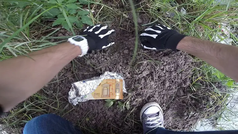 Imagen de una persona haciendo un pozo para desenterrar un objeto escondido junto al alcorque de un árbol ARCHIVO 1