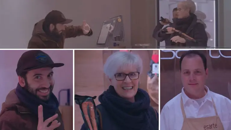 Los participantes en el falso atraco a una carniceria de Elizondo que se ha hecho viral y forma parte de una campaña para promover la compra en los comercios locales Foto ASOCIACIÓN COMERCIANTES BERTAN