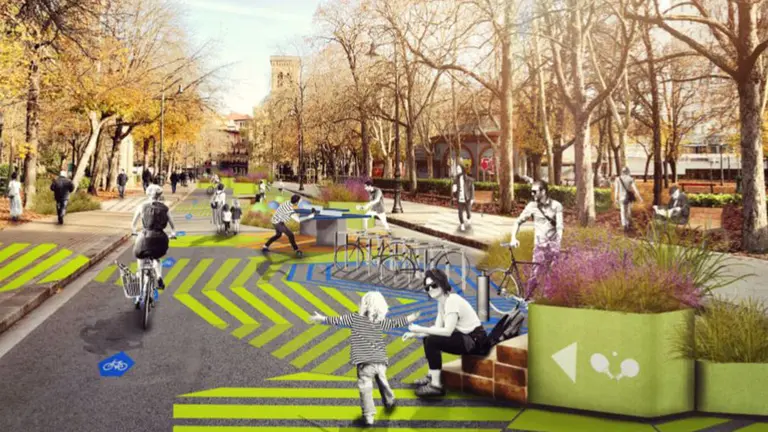 Imagen de la calle Bosquecillo con el proyecto para ampliar la fase de amabilización a todo el eje de Navas de Tolosa y la parte frontal de la iglesia de San Lorenzo. AYUNTAMIENTO DE PAMPLONA