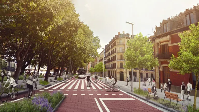 Imagen de la calle Navas de Tolosa con el proyecto para ampliar la fase de amabilización al eje entre el Parlamento de Navarra y el Bosquecillo. AYUNTAMIENTO DE PAMPLONA