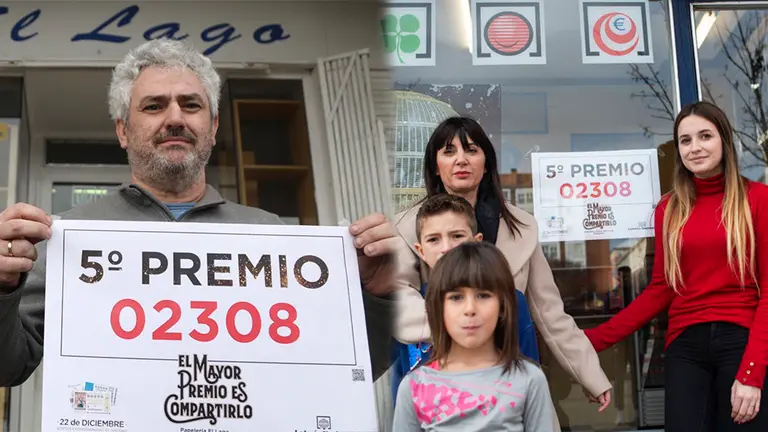 La librería El lago de Mendillorri y una administración de San Jorge han vendido el quinto premio de la Lotería de Navidad con el número 02.308. IÑIGO ALZUGARAY / MIGUEL OSÉS