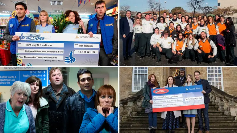Imágenes promocionales de la serie de BBC &#39;The Syndicate&#39;, que cuenta la historia de los trabajadores de un supermercado al ganar la lotería, junto a la foto de familia de los empleados de Mercadona de Tudela que han ganado el tercer premio del sorteo de Navidad. NAVARRA.COM