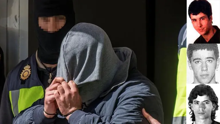 Imagen de una detención por parte de la Policía Nacional junto con las fotos de los miembros de ETA y los condenados por kale borroka trasladados a prisiones cercanas a Navarra y País Vasco