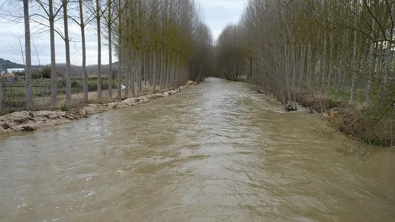 Vista de la crecida del río Ega desde el puente de Murieta.