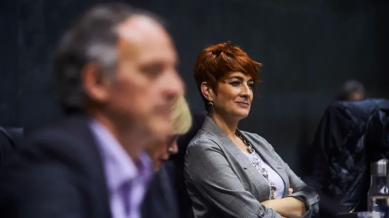 Bakartxo Ruiz (d) y Adolfo Araiz (i) ambos de Bildu durante el pleno parlamentario. MIGUEL OSÉS