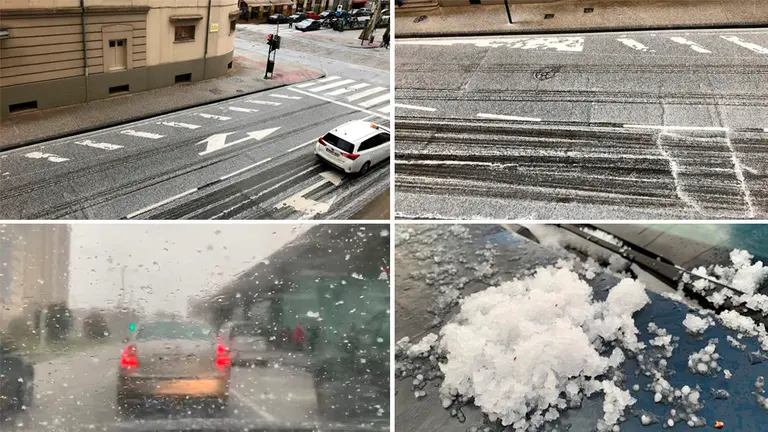 Imágenes de la granizada caída en Pamplona en la tarde de este viernes durante los primeros coletazos de la borrasca Helena Fotos NAVARRACOM AITOR PLAZA