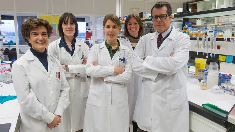 El equipo formado por Carmen Berasain, María Elizalde, Maddalen Jiménez, María Arechederra y Matías Ávila, del Programa de Hepatología del Cima Universidad de Navarra CEDIDA