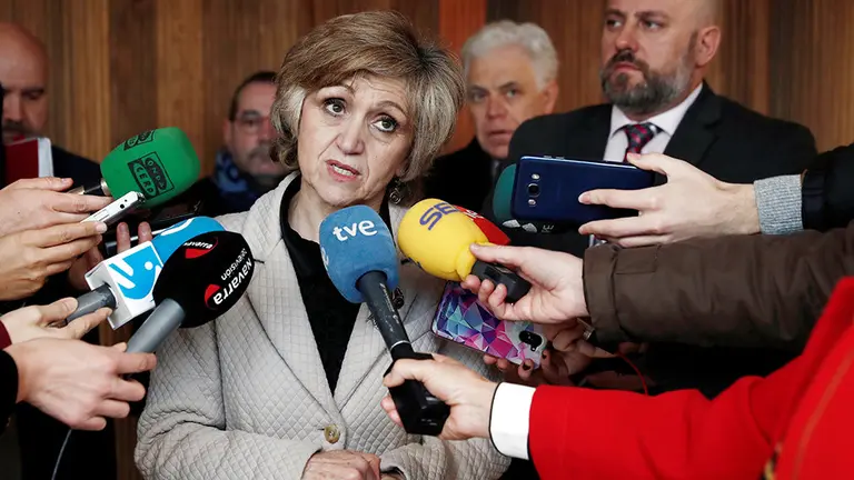 GRAFCAV1372. PAMPLONA, 06/02/2019.- La ministra de Sanidad, Consumo y Bienestar Social, María Luisa Carcedo, atiende a los medios de comunicación antes de inaugurar esta mañana en el Baluarte de Pamplona el II Congreso Nacional de Derecho de la Discapacidad, en el que se dan cita expertos en legislación y más de 200 congresistas. EFE/ Jesus Diges