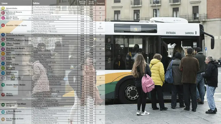 Imagen de una villavesa llena de pasajeros en la plaza de Merindades junto con los horarios de los servicios mínimos para la huelga convocada el jueves 14 de febrero NAVARRACOM