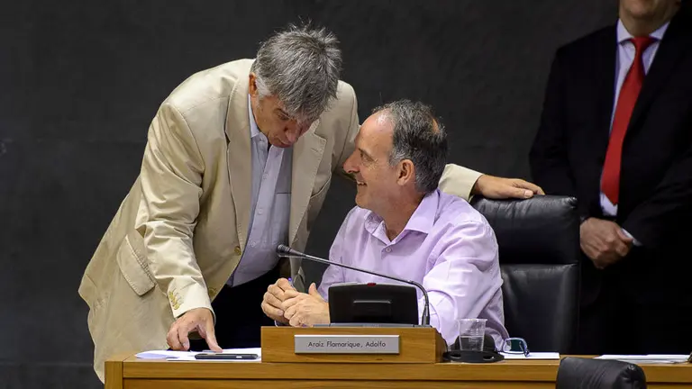 Koldo Marínez (Geroa Bai) habla con Adolfo Araiz (EH Bildu) mientras este sonrie. PABLO LASAOSA