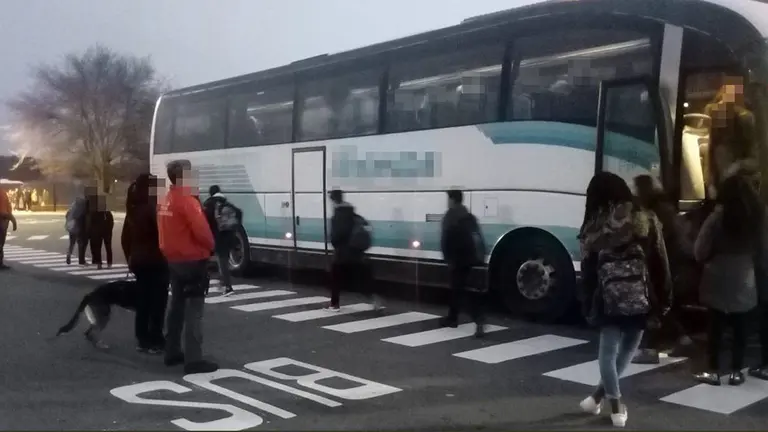 Imagen de un control policial con perros rastreadores en un autobús escolar que transporta alumnos a un instituto de Tudela durante una campaña contra el consumo de drogas POLICÍA FORAL