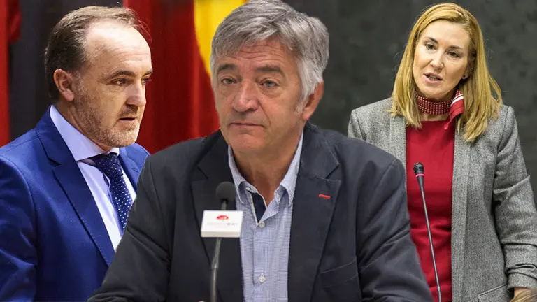 El presidente de UPN, Javier Esparza, y la presidenta del PPN, Ana Beltrán, junto a una imagen del portavoz de Geroa Bai, Koldo Martínez NAVARRACOM