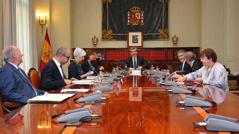 La consejera María José Beaumont y el ministro de Interior, Grande Marlaska, durante la reunión de la Comisión Nacional de Coordinación de Policía Judicial Foto GOBIERNO DE NAVARRA