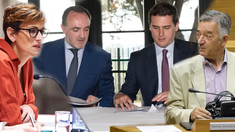 Fotomontaje de la secretaria general del PSN, María Chivite, y el portavoz de Geroa Bai, Koldo Martínez, junto a la firma del acuerdo electoral de UPN y Ciudadanos NAVARRACOM