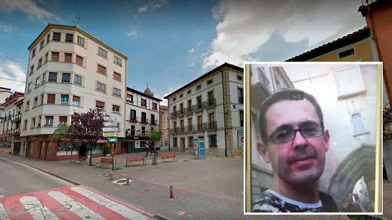 Una calle de Alsasua junto a la foto de Ruben Portilla Portilla, el desaparecido al que buscan en las inmediaciones. ARCHIVO