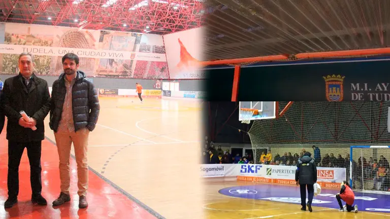 El presidente de la LNFS Javier Lozano visita el pabellón Ciudad de Tudela junto al alcalde, Eneko Larrarte, después de las obras para solventar goteras y desperfectos en la instalación municipal ARCHIVO