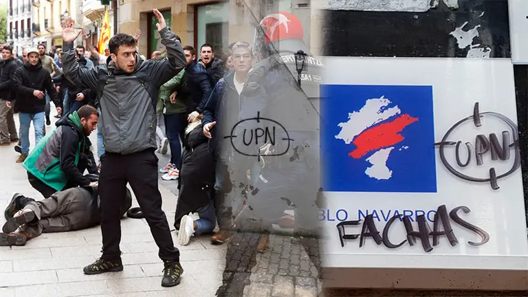 La Ertzaintza contiene a los radicales que trataron de boicotear un acto de Ciudadanos en la localidad guipúzcoana de Rentería junto a una imagen de la sede de UPN atacada durante los primeros días de campaña. NAVARRA.COM