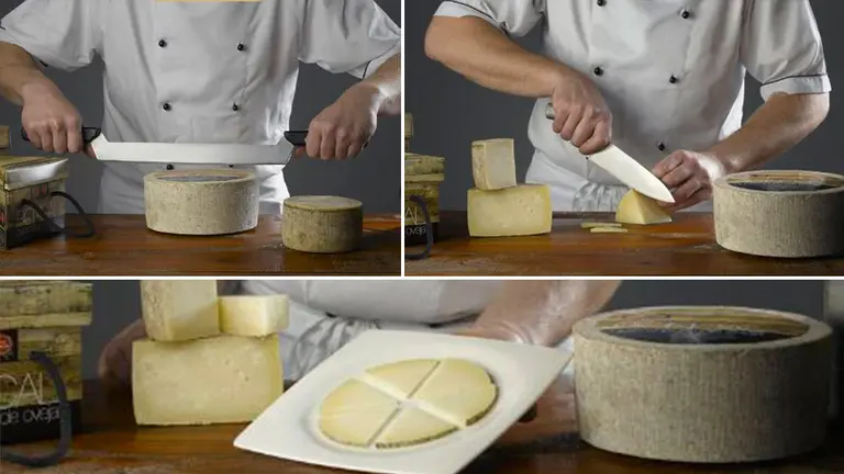 Una persona parte queso del Roncal. REYNO GOURMET