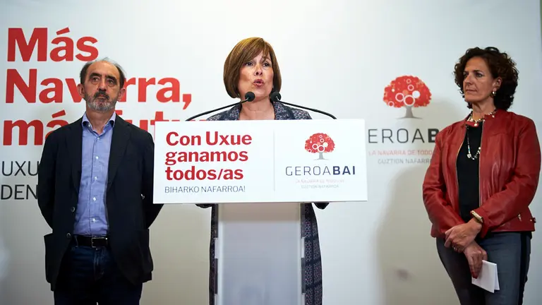 Declaraciones de los candidatos de Geroa Bai a la Presidencia del Gobierno foral, Uxue Barkos, a la Alcaldía de Pamplona, Itziar Gómez, y al Parlamento Europeo, Daniel Innerarity. MIGUEL OSÉS