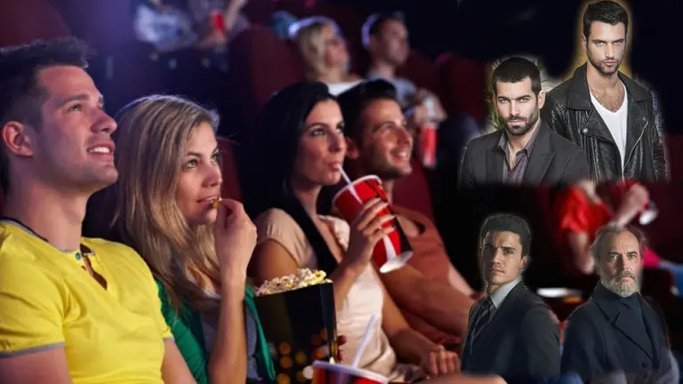 Imagen de varios espectadores siguen una proyección en una sala de cine, junto a las fotos promocionales de dos de las series medidas por la compañía Sociograph, &#39;El príncipe&#39; y &#39;Vivir sin permiso&#39;. FOTOMONTAJE