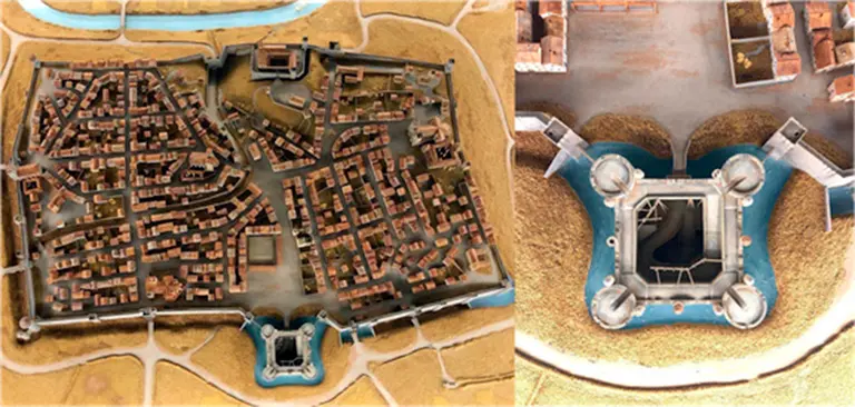 Maqueta de Ciga de la Pamplona de 1521 con el castillo en la parte inferior. A la derecha detalle del castillo de la herida de Íñigo López. 