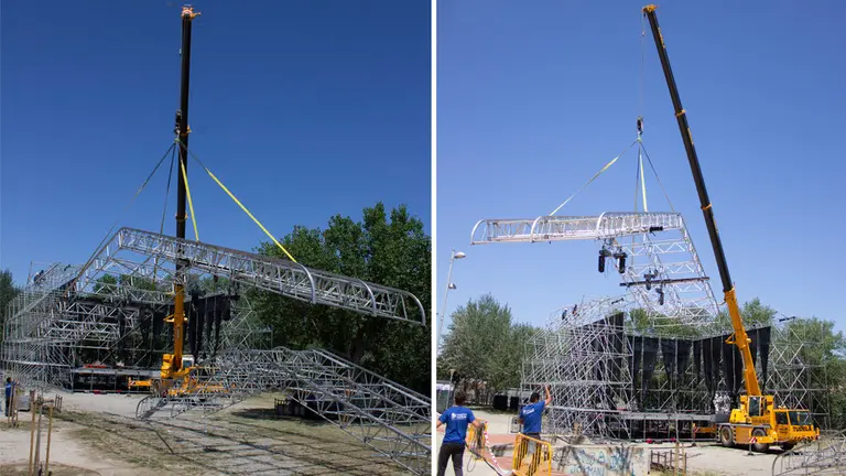 Trabajos de instalación del escenario del festival Ribera Sound que se celebra el viernes y sábado 14 y 15 de junio en el Paseo del Prado de Tudela IMÁGENES CEDIDAS