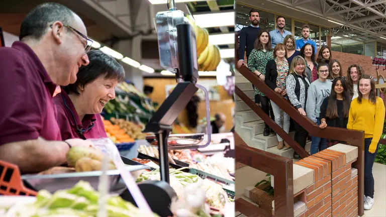 Montaje con un puesto del Mercado del Ensanche y las alumnas premiadas junto a representantes de los Mercados y de la Universidad de Navarra. MIGUEL SANTIAGO UNAV