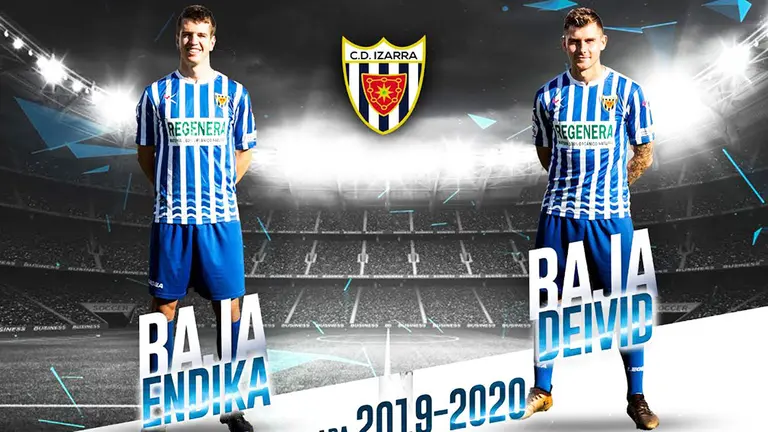 Fotomontaje del CD Izarra con dos jugadores que son baja, Endika y Deivid.