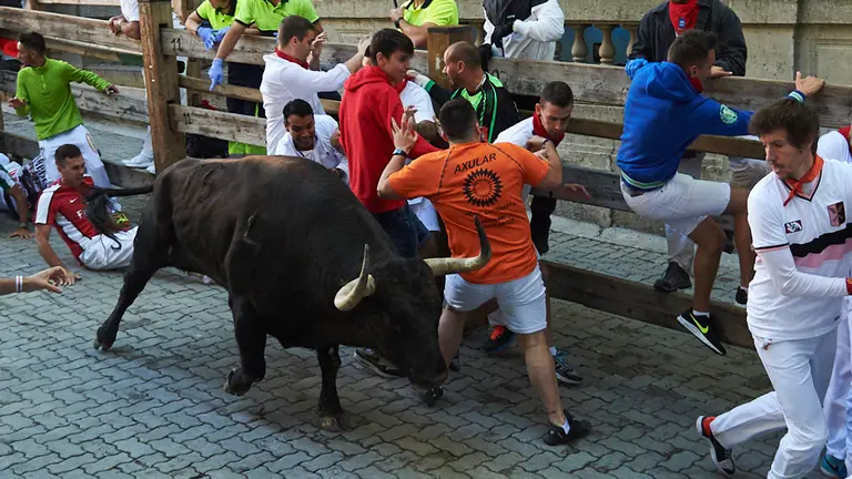 Cuarto encierro de las fiestas de San Fermín 2019 con toros de Jandilla en la bajada al callejón. PABLO LASAOSA 5