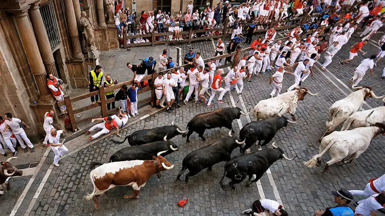 Los toros de la ganadería de Jandilla entran en la Plaza del Ayuntamiento durante el cuarto encierro de los Sanfermines 2019. EFE/J.P. Urdiroz