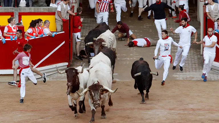 Los toros de la ganadería de Jandilla hacen su entrada en la Plaza de Toros de Pamplona durante el cuarto encierro de los Sanfermines 2019. EFE/Manuel Castells