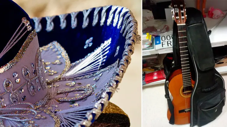 A la derecha, la guitarra que se encuentra en la oficina de objetos perdidos de Pamplona. CEDIDA