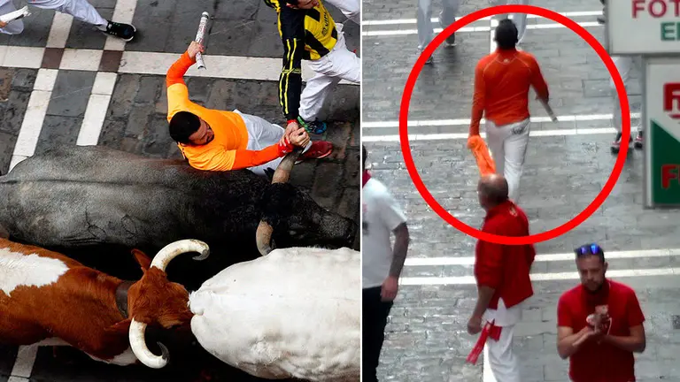 El corredor conocido como Carlos 13 durante el encierro de los José Escolar en el que se colgó de uno de los pitones NAVARRACOM