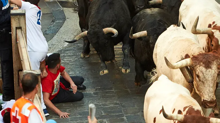 Quinto encierro de las fiestas de San Fermín 2019 con la ganadería de Victoriano del Rio en el tramo del Ayuntamiento. MIGUEL OSÉS