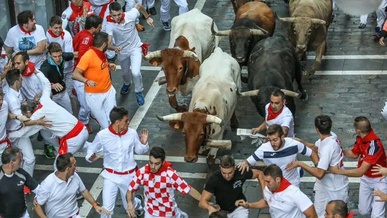 Sexto encierro de San Fermín con toros de la ganadería Nuñez del Cuvillo en el tramo de Estafeta en Pamplona. Maite H. Mateo2