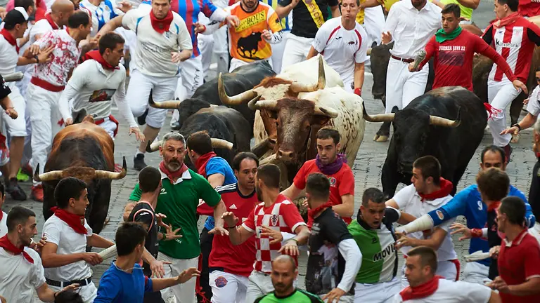 Séptimo encierro de las fiestas de San Fermín 2019 con toros de La Palmosilla en la bajada al callejón. PABLO LASAOSA
