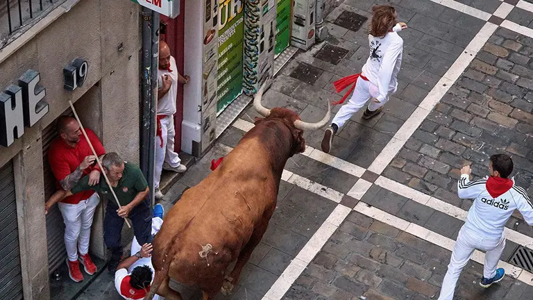 Los toros de la ganader&iacute;a sevillana de Miura, a su paso por el inicio del tramo de la Estafeta, durante el &uacute;ltimo encierro de los Sanfermines 2019. EFE/J.P. Urdiroz