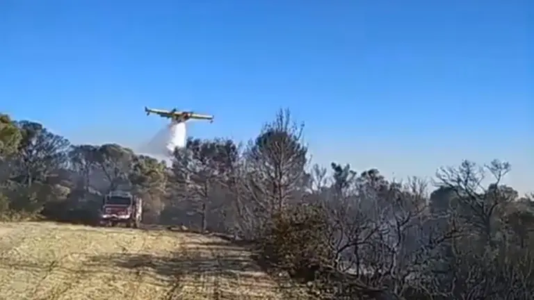 Imagen de uno de los aviones actuando sobre el incendio en la Bardena Negra, junto a una de las patrullas que lo hacen en tierra. BFN
