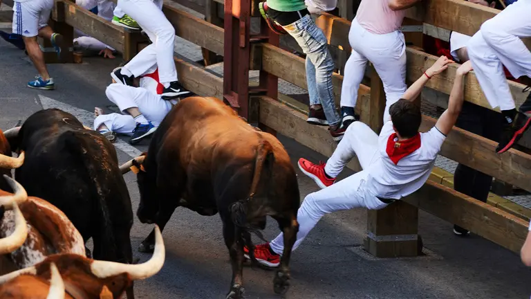 Encierro del Domingo en las calles de Tudela con la ganadería de Osborne. MIKEL CÍA