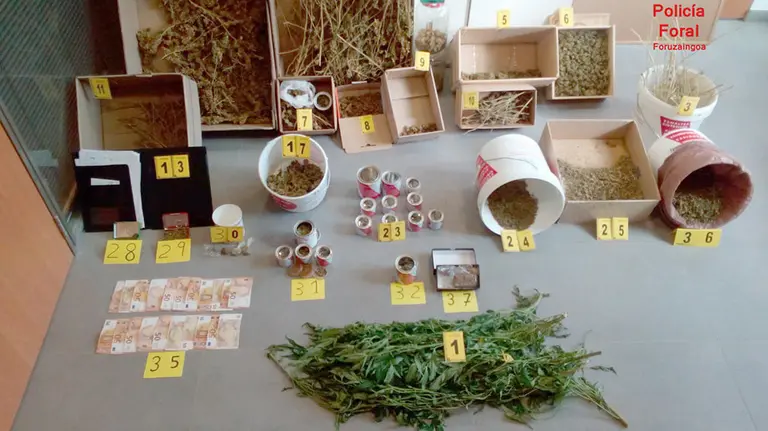 Imagen de las incautaciones a un detenido por presunto tráfico de drogas en Villatuerta POLICÍA FORAL