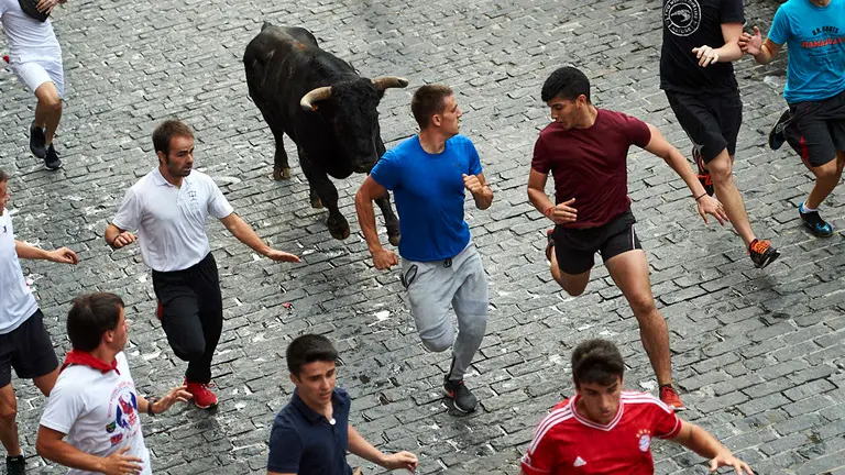 Encierro con novillos de las fiesntas de Estella de 2019 en el que ha habido un herido por asta de toro. MIGUEL OSÉS