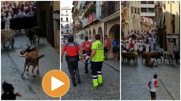 Momento de la cogida y atención posterior al corredor embestido por un cabestro en Estella