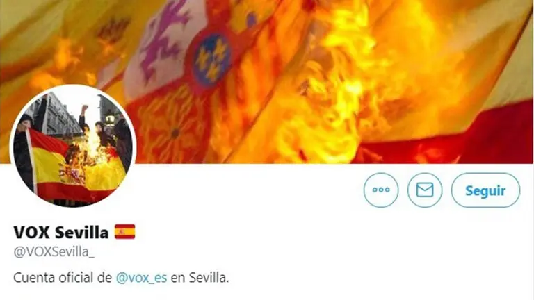 Imagen de la cuenta de Vox Sevilla en Twitter, hackeada. EUROPA PRESS
