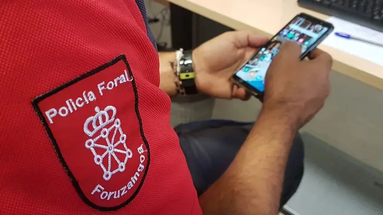 Un agente de la Policía Foral examinando un teléfono móvil POLICÍA FORAL