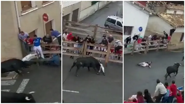 Momento de la cogida a un joven durante el encierro de fiestas de Sangüesa.