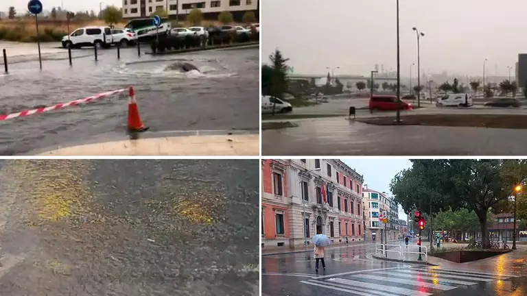 Varias de las incidencias que la fuerte tormenta ha dejado en Pamplona. TWITTER NAVARRACOM
